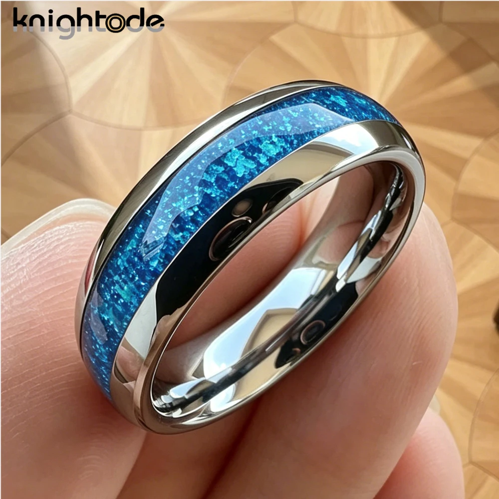 8mm 6mm 4mm Blue Opal Inlay High Polished Tungsten Carbide Rings Wedding Engagement for Men Women Band Dome Comfort Fit view 4