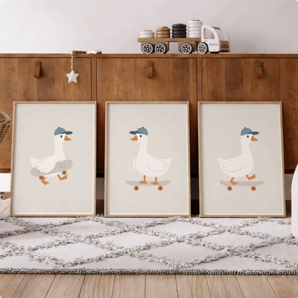 3pcs Frameless Skateboard Goose Nursery Wall Art,Neutral Animal Prints,Modern Farm Nursery Decor,Digital Download Printing Decor