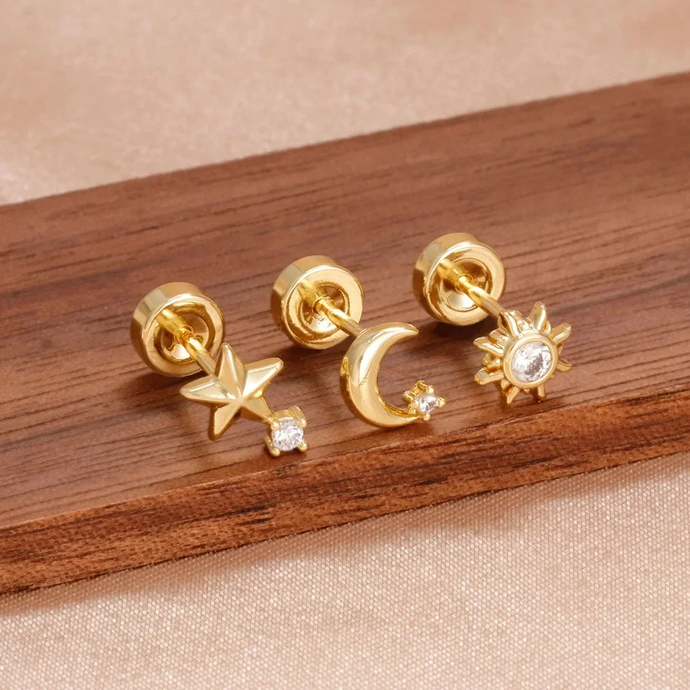 3PCS New Arrival Zircon Star Moon Sun Piercing Earrings Set for Women Simple Stainless Steel Ear Stud Earring Daily Wear Jewelry