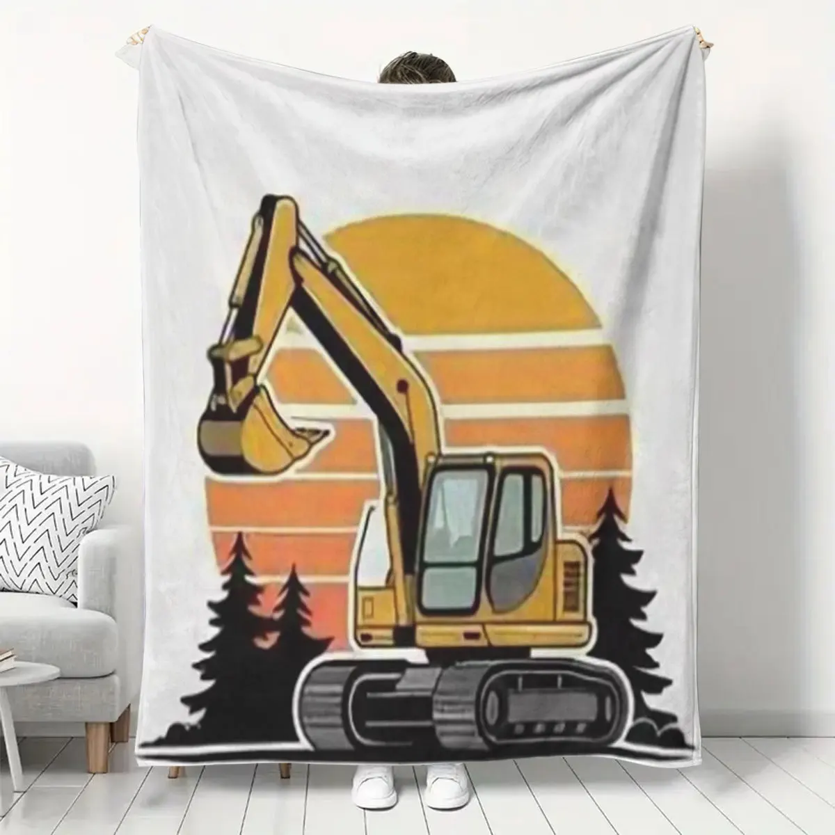 Large Excavator Construction Sunset Throw Blanket Tapestry Wall Art Decor Heavy Machinery Industrial Gift for Home Accent