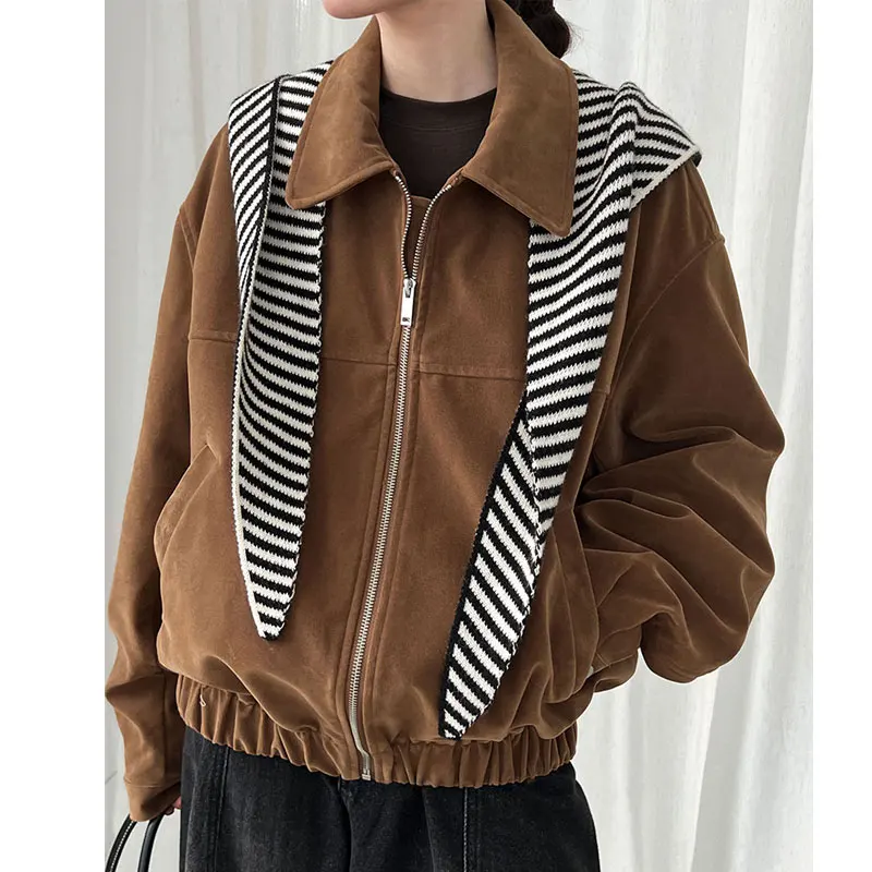

2025 Autumn Women Suede Jacket Coat Fashion Classic Brown Color Long Jacket Femme Casaco Abrigo Streetwear