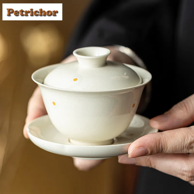 

100ml Hand Drawn Plant Ash Small Daisy Gaiwan Traditional Tea Tureen Tea Bowl With Lid Kit Tea Maker Cover Bowl Teaset Supplies