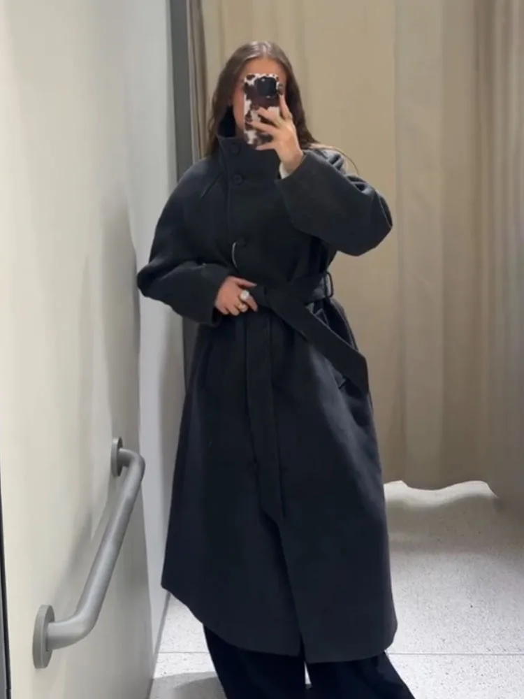 HH الشتاء معاطف النساء الأنيقة الصلبة عالية الياقة طويلة الأكمام جيوب حزام الديكور واحدة الصدر الإناث معطف طويل فضفاض