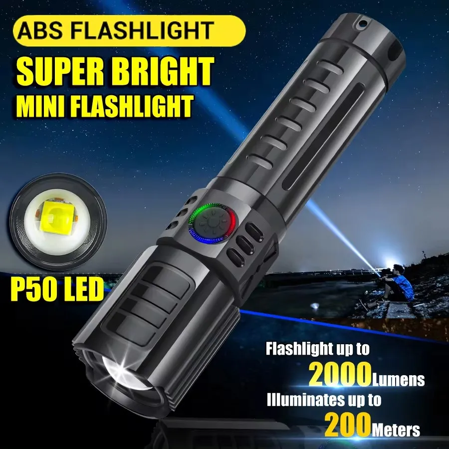 XHP50 Powerful Flashlight 3 Modes Strong LED Light Telescopic Zoom Torch USB Rechargeable Long-Range Camping Fishing Flashlight
