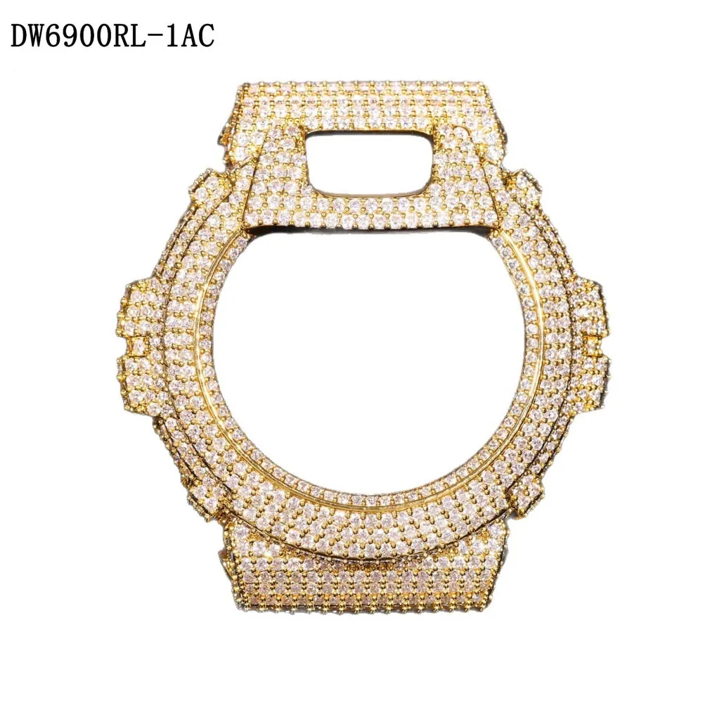 For DW6900 Luxury Full Iced Out Moissanit Watch Case 18K Gold Plated Bling Copper Hip Hop Replacement Watch Accessory Gift