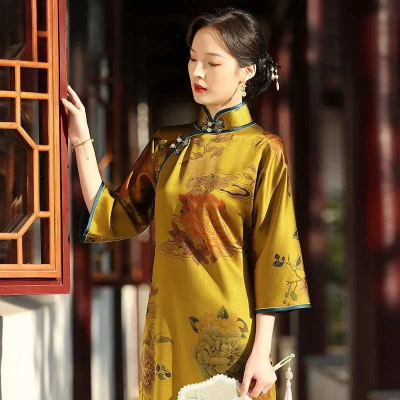 Women Chinese Traditional Style Qipao Dress Yellow Peony Print Large Sleeves Modern Modified Cheongsam Elegant Evening Dresses