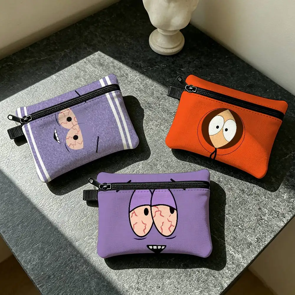Fun Cartoon S-South P-Park Zippered Coin Purse with Detachable Carabiner – Mini Coin and Key Pouch