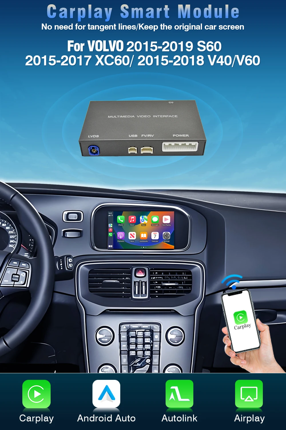 AUTOTOP Kabelloser CarPlay Decoder Box für Volvo S60 S80 XC60 V60 V40 2010-2018 Android Auto Modul Spiegelverbindung GPS Navi BT – Detail 5