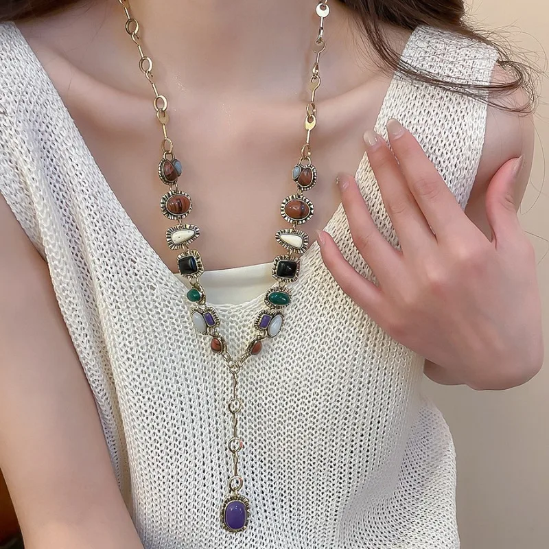 

Minar Retro Colorful Oval Square Geometric Resin Chain Tassel Pendant Necklaces for Women Gold Plated Alloy Sweater Chain Choker