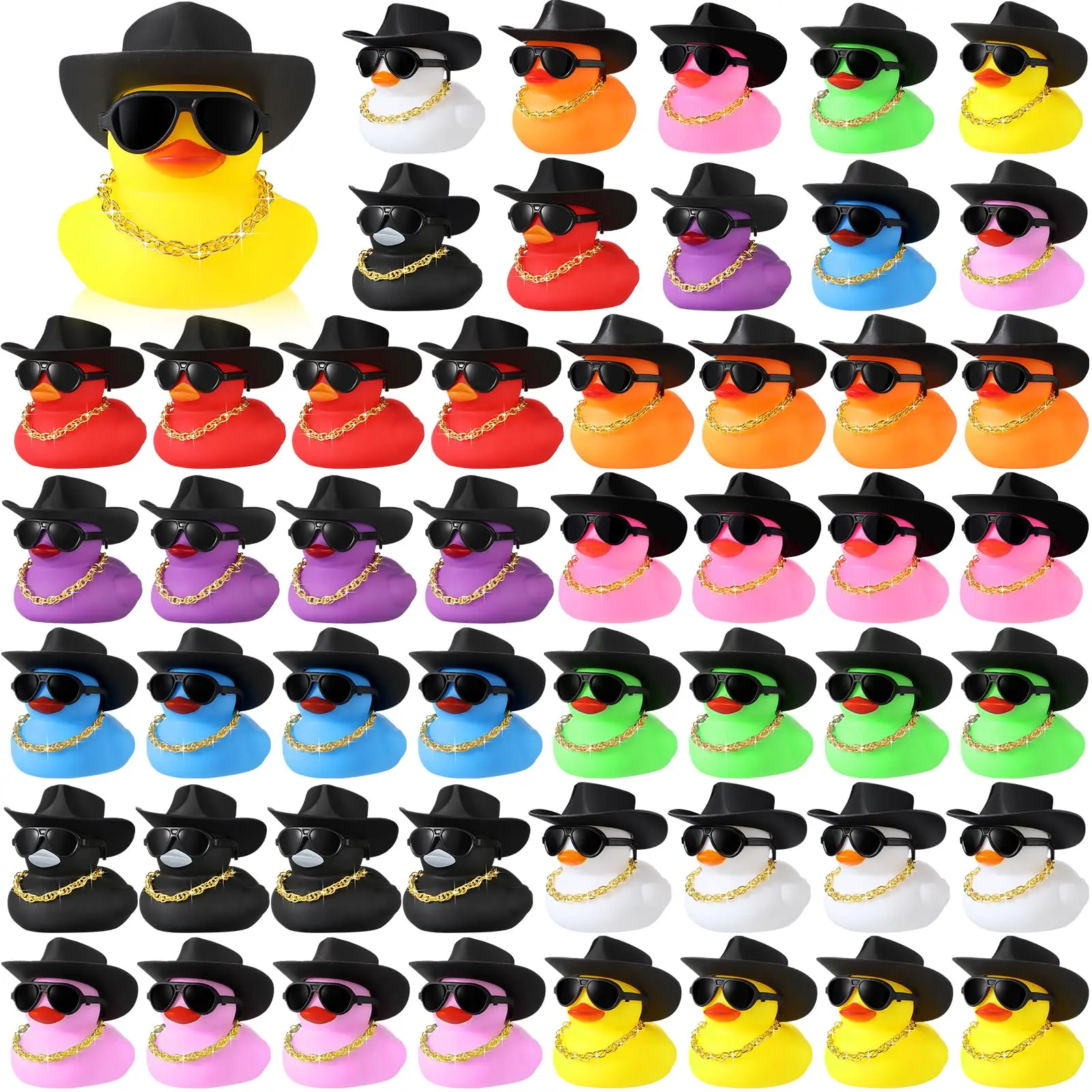 48 Sets Cowboy Rubber Ducks Bulk for Ducking Cool Rubber Ducks with Sunglasses Cowgirl Rubber Ducks with Mini Hat Necklace Bath