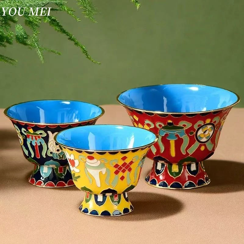 Tibetan Holy Ceramics Bowl,Painting Exquisite Eight Auspicious Texture Tantric Bowl,Buddhism Altars Cup Buddhist Religious Item