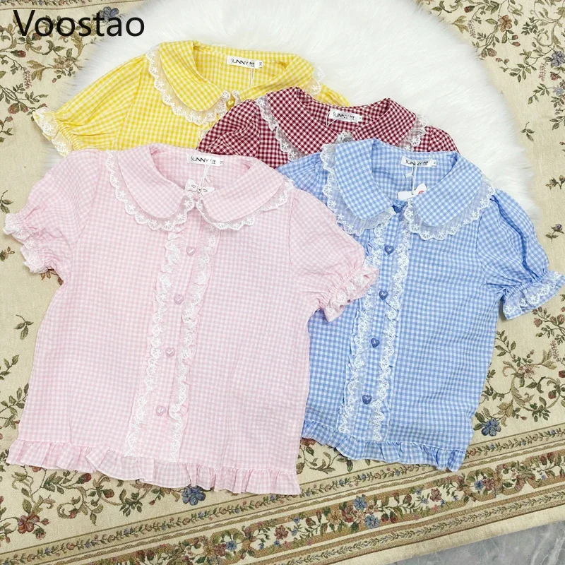 Blusas japonesas de estilo dulce Lolita para niñas, lindas camisas de encaje con volantes y mangas abullonadas a cuadros JK, Blusas Kawaii de estilo Preppy para Mujer X