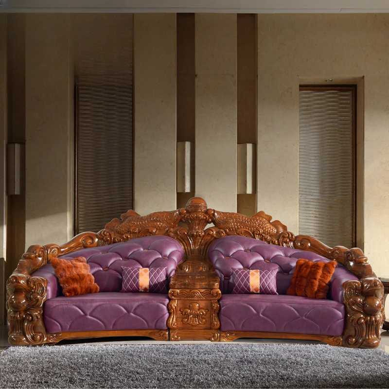 

High-end leather sofa combination of Wujinmu solid wood carved villa