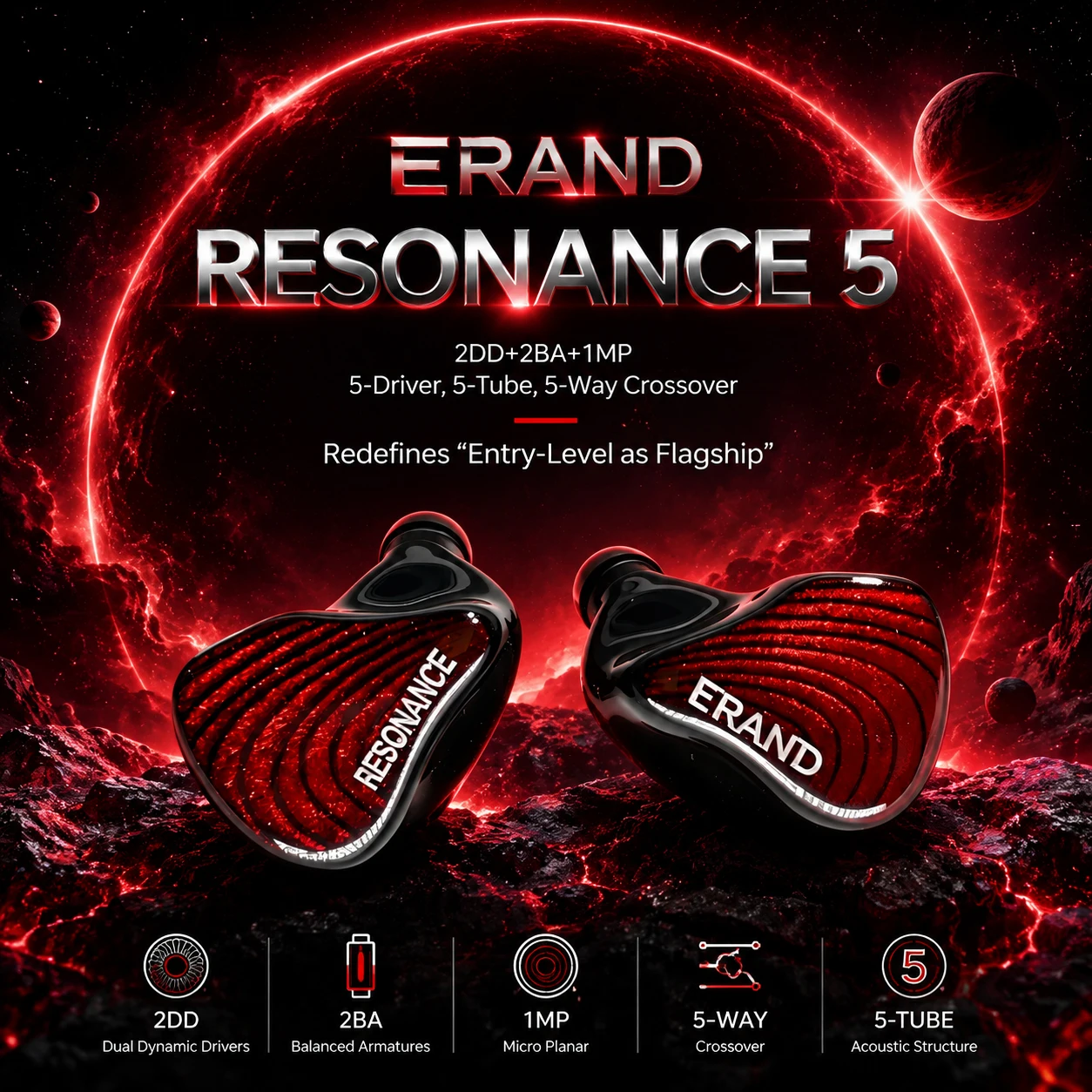 ERAND RESONANCE 5 レッド 2DD+2BA+1MP ハイブリッド IEMs 5 ウェイ クロスオーバー 5 ドライバー 106dB HIFI インイヤー モニター イヤホン 3.5mm+4.4mm