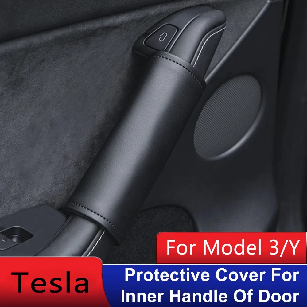 4pcs/set Door Inner Handle Protector Cover Leather For Tesla Model 3/Y 2024 Car Interior Accessories Auto Parts 2023 2022 2021