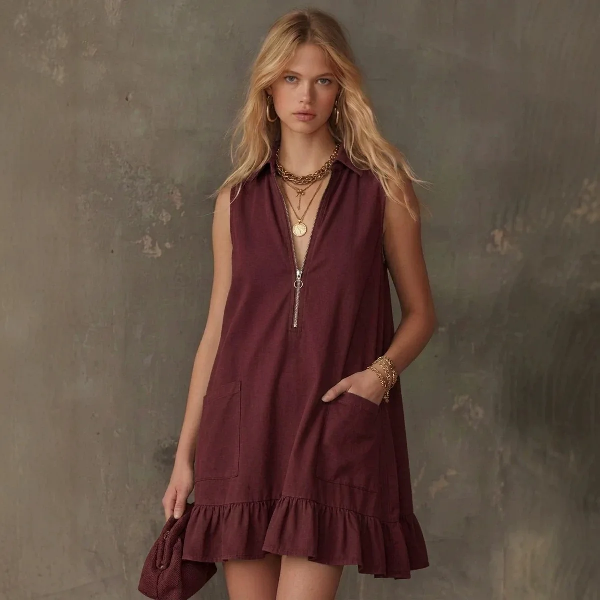 Damen ärmelloses Minikleid mit Reißverschluss, V-Ausschnitt, Kragen, Rüschensaum, A-Linie, lockeres Kleid mit Taschen, Sommer-Freizeitkleider