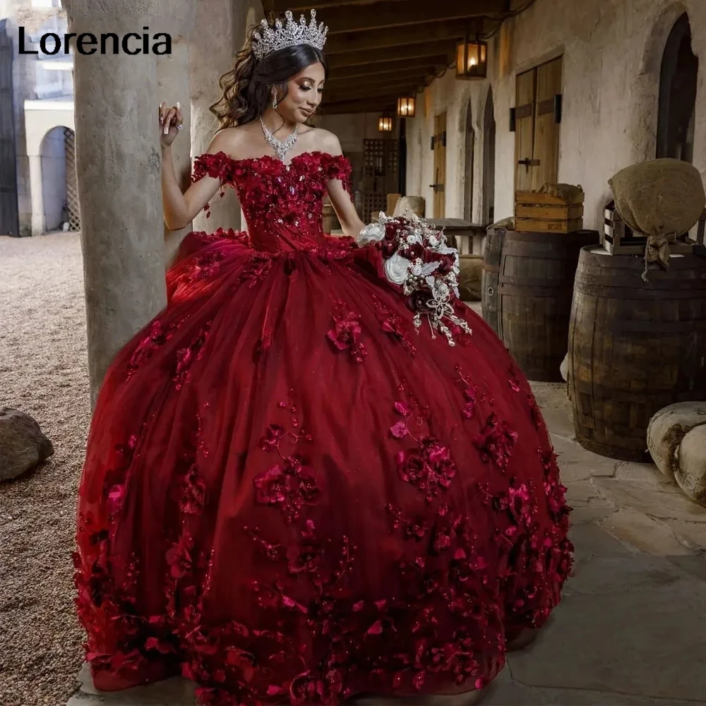 Maßgeschneidertes Burgunder-Quinceanera-Kleid, Ballkleid, 3D-Blumenspitze, Perlenstickerei, Korsett, Sweet 16, Vestidos de 15 Años YQD976