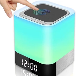 Melhor presente toque música controle 5 em 1 lâmpada de cabeceira bluetooth alto-falante luzes da noite com calendário digital despertador