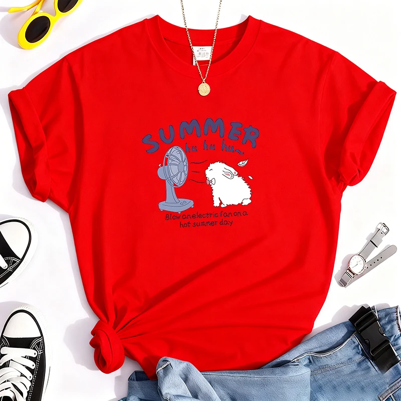 T-shirt girocollo tinta unita con stampa simpatico cartone animato in puro cotone 100%, top casual a maniche corte per tutte le stagioni, abbigliamento da donna