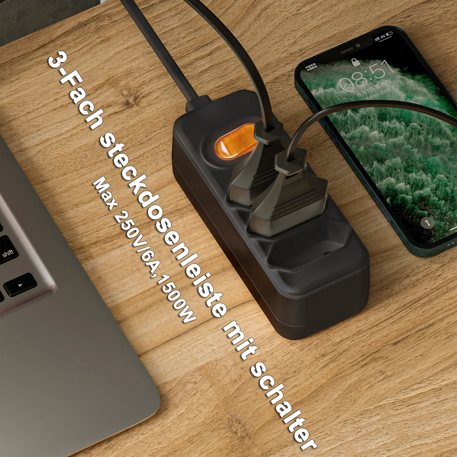 European EU 2 Prong Power Socket with 2M Extension Cable, Euro Power Strip Flat Plug Outlet with Switch for Computer TV PC