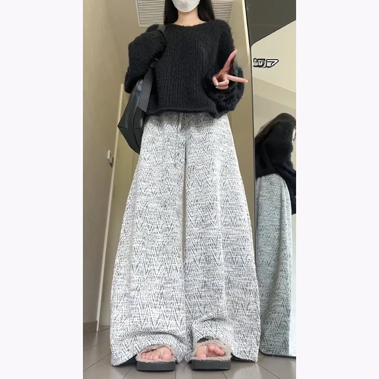 Retro Faion Casual Wide Leg Pants Women's Early Autumn Small Size Drapey Slimming Long Pants High Waist Straight Leg
