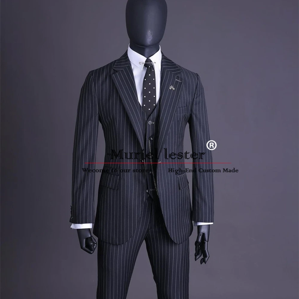 Classic Grey Stripe Wedding Suits For Men Slim Fit Single Breasted Jacket Vest Pants 3 Pieces Business Banquet Prom Blazers Sets