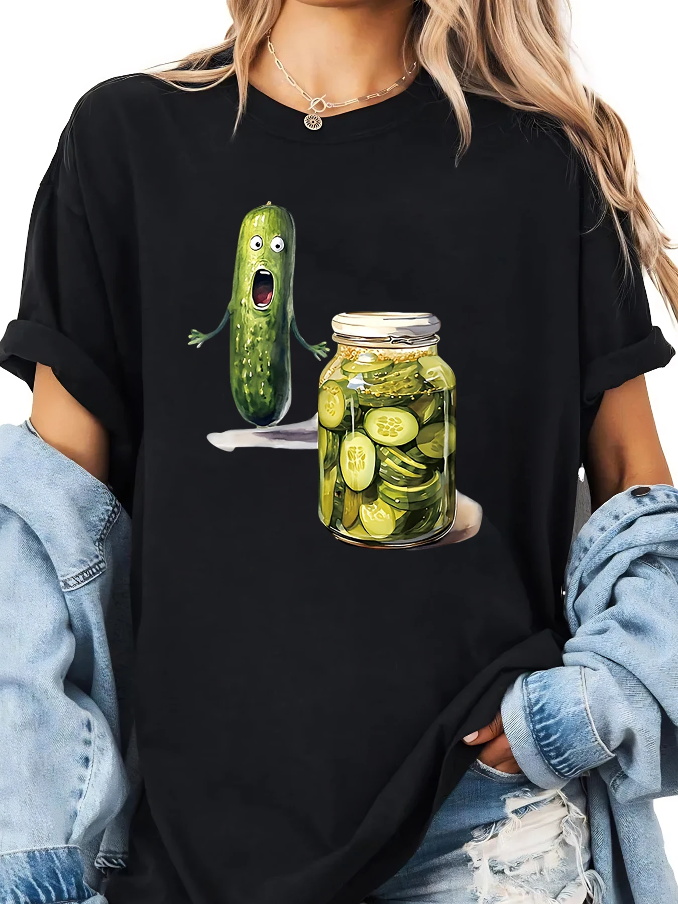 T-shirt di Halloween con stampa barattolo di pepino e sottaceti, abito casual da donna, nero taglie forti