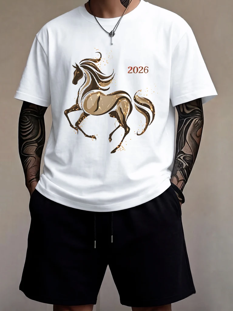 

Lucky Year Of The Horse 2026 Design Man Cotton Cool Short Sleeve 2Pc Set Comfortable Summer Britches Simple Running Streetwear