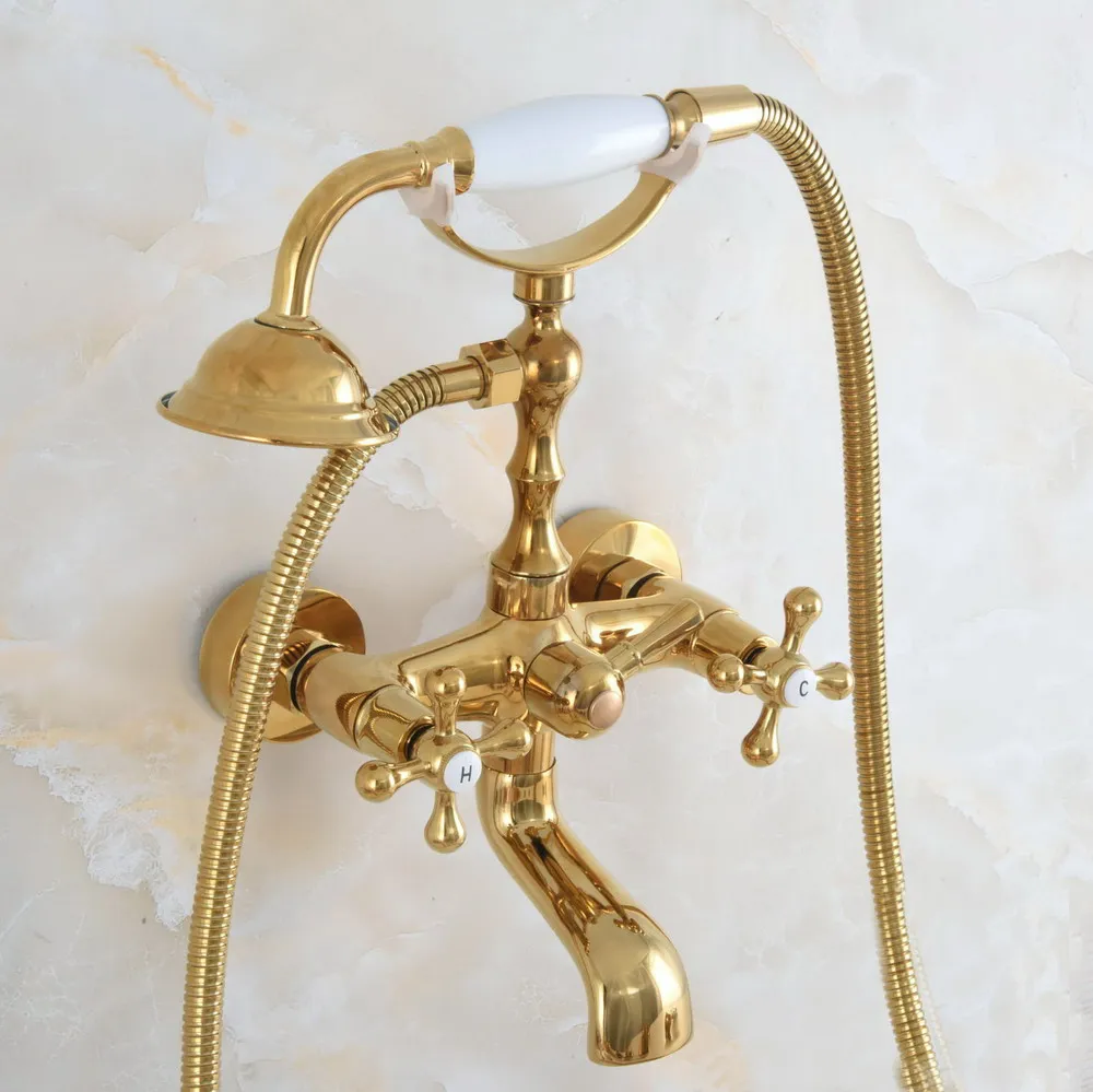 

Gold Polished Brass Bathtub Faucet Wall Mount Bathroom Clawfoot Tub & Hand Shower Faucet Set