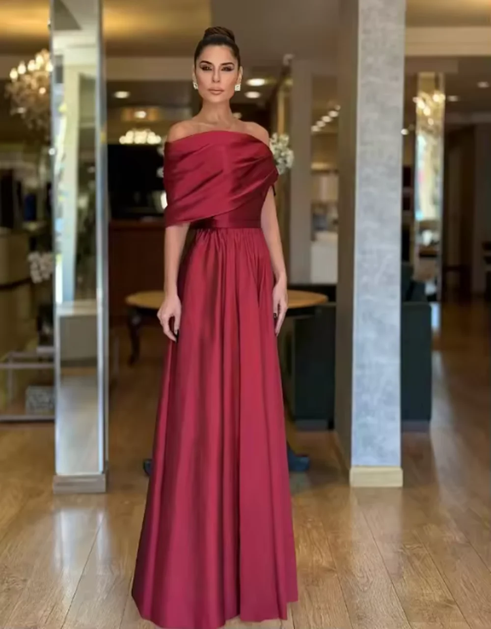 

Customized High Quality Sleeveless Wrinkle Floor Length Zipper Red Off Shoulder Women Two Piece Prom Dress Gece Elbisesi Düğün