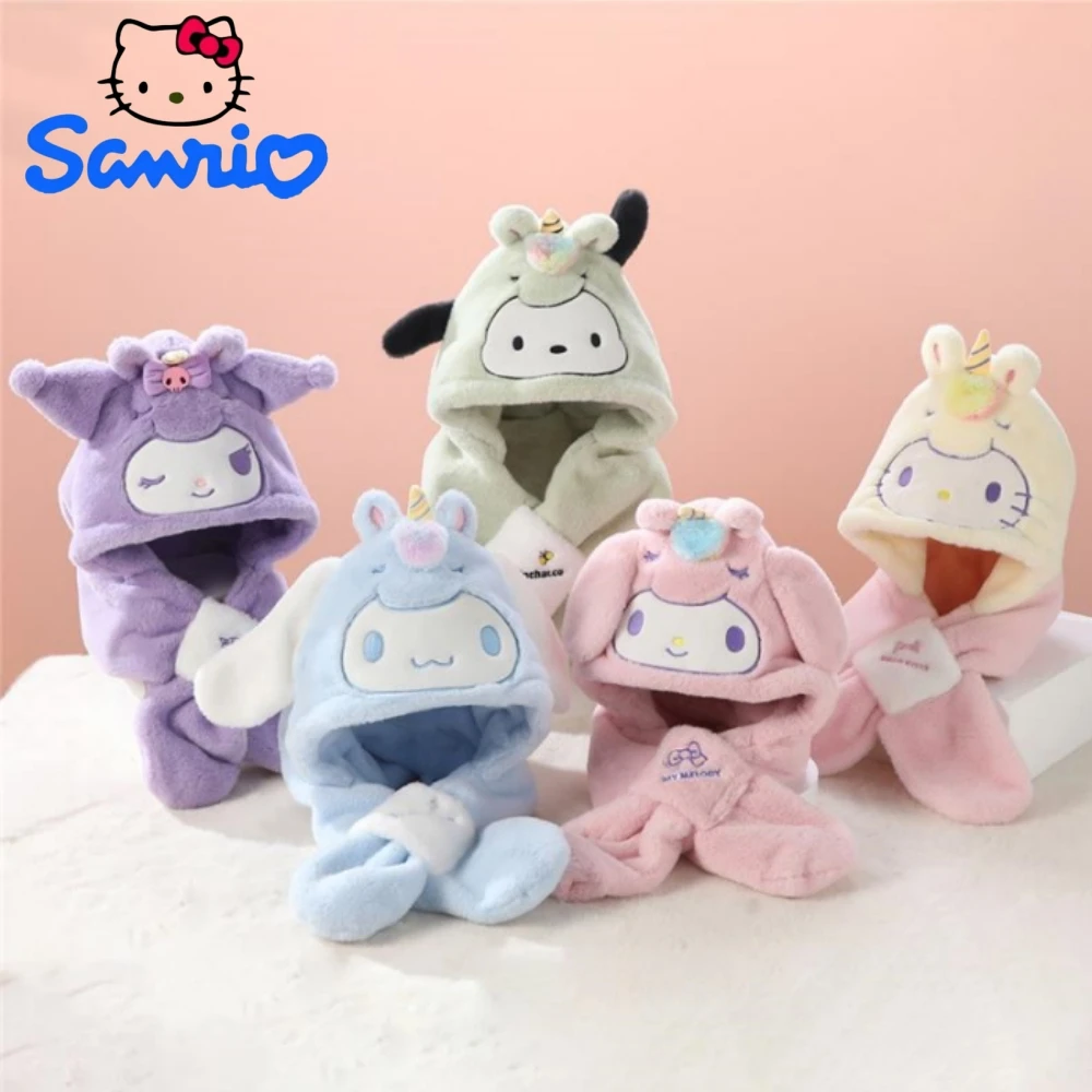 Sanrio Plush Hats Scarf Gloves One-piece Girls Anime Kuromi Cinnamoroll My Melody Cap Neckerchief Outdoors Winter Warm Headgear