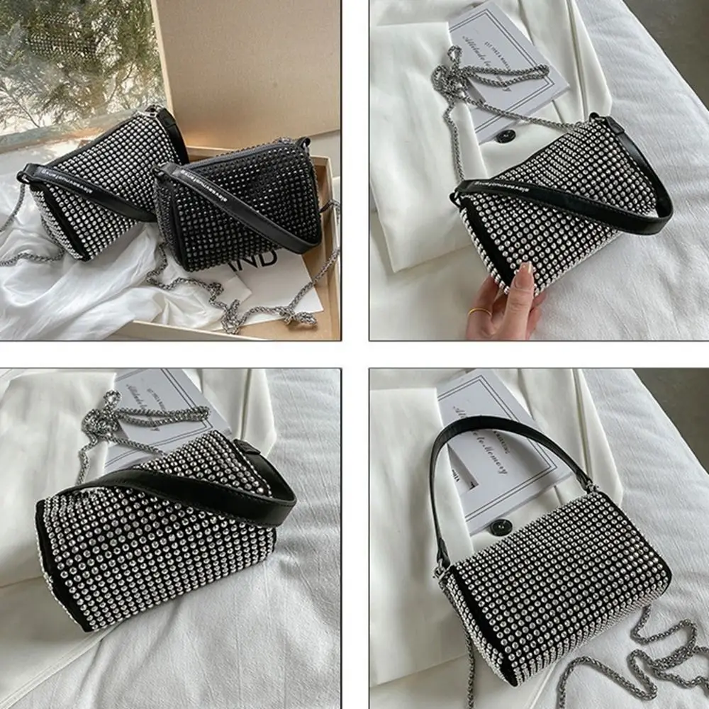 Fashion Large Capacity Rhinestone Handbag Blingbling Shiny Small Square Bag Pillow Bag Zipper Crossbody Bag Party