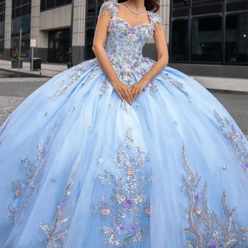 

Бальное платье принцессы, платья Quinceanera с открытыми плечами, расшитое блестками, аппликация, кружево, бусины, хрустальный бант, тюль, милое платье 16, Vestido 15