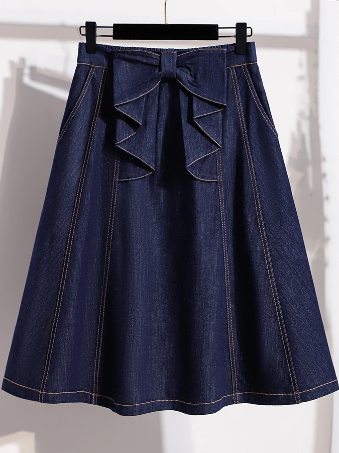 

Slimming Effect A-Line Denim Skirt Elastic Waist Thin Material Summer Style Women's Fashion Casual Wear mid Waist Design