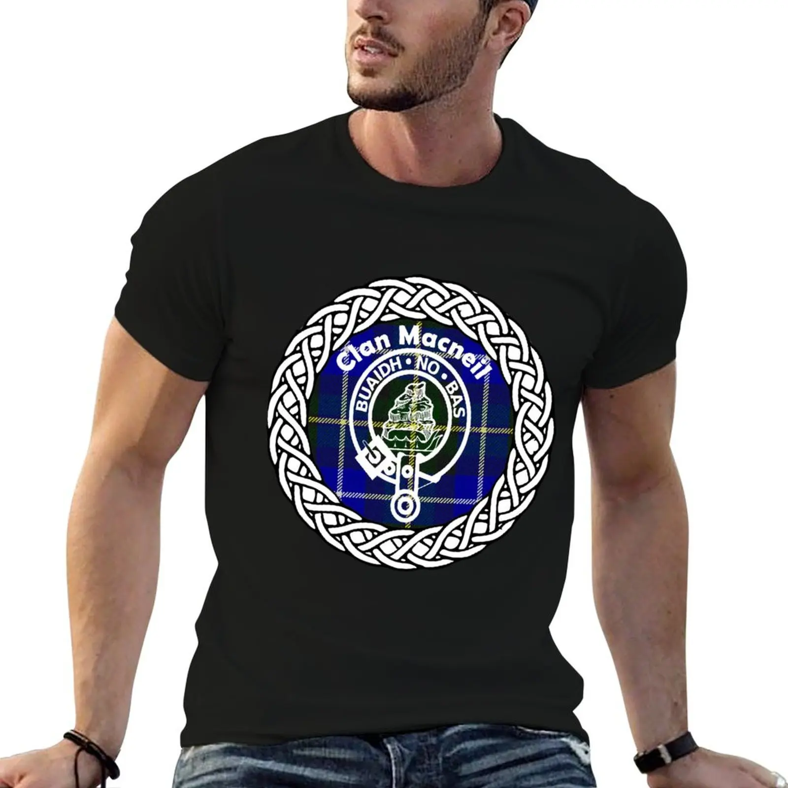 Camiseta masculina com emblema do tartan do clã escocês MacNeil, camiseta masculina de algodão de alta qualidade, camiseta masculina lisa.