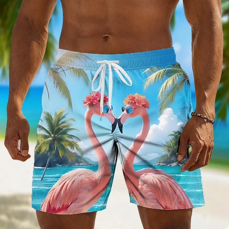 

Funny Rooster & Flamingo Graphic Swim Trunks For Men Tropical 3D Printed Short Pants Summer Hawaii Surf Swimsuit Beach Shorts