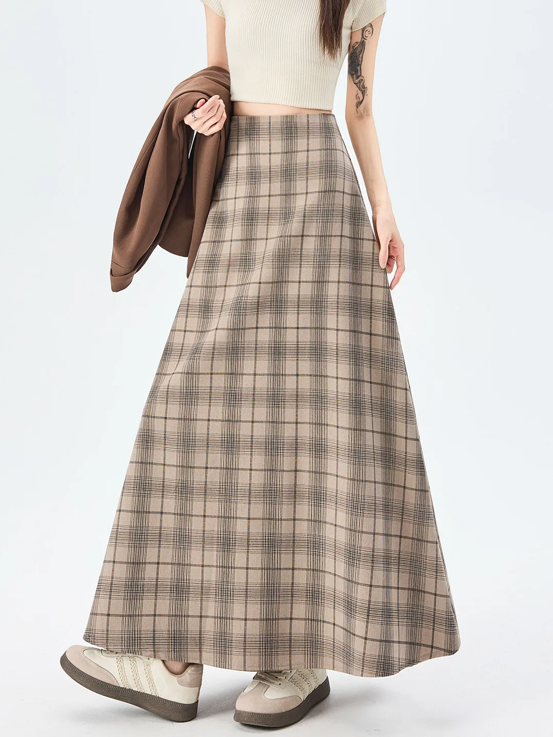 

Ретро-юбка миди в клетку с завышенной талией, А-силуэт, женская, весна 2026, новая, маленький размер, утягивающая, расклешенная, в корейском стиле, для повседневной носки