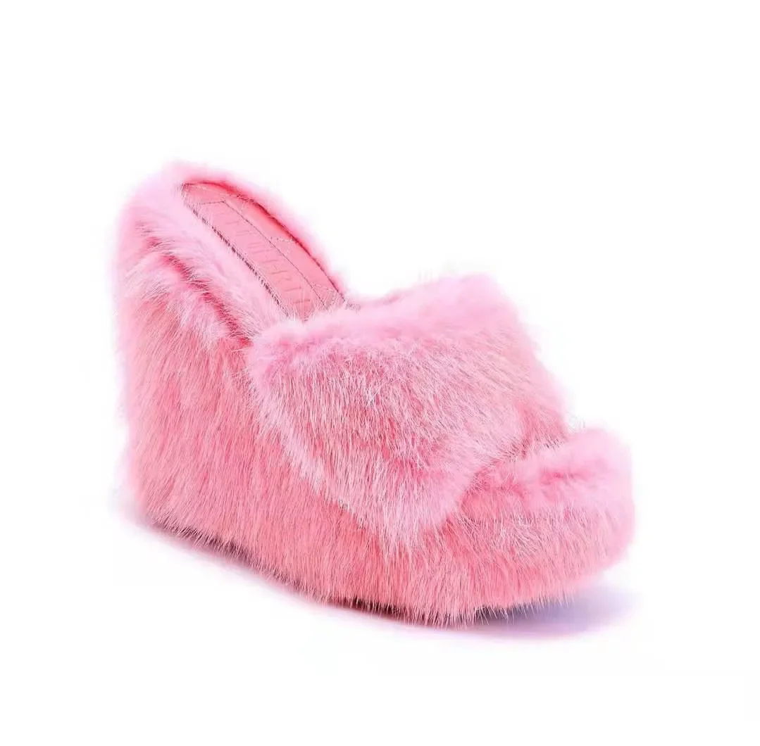 Brand Luxury new women feminine high-heeled fur drag outdoor all-match shoes slippers round head wedges with mink fur slippers