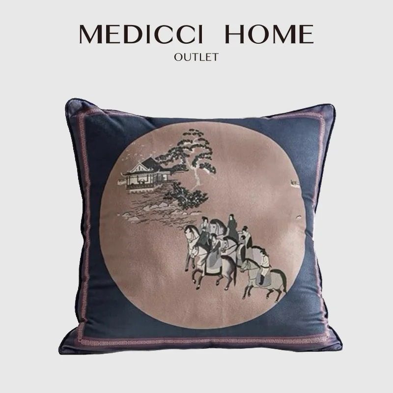 

Medicci Home Chinoiserie Pillowcase Oriental Style Horse Pine Trees Ancient Pavilion Decorative Cushion Cover Retro Nouveau Deco