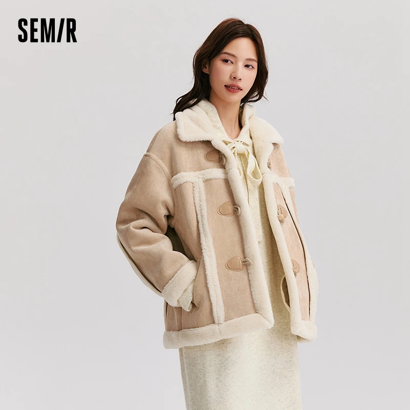 Semir Coat Women Buckle Lapel Loose Retro Literary 2024 Winter New Imitation Suede Imitation Rabbit Fur Jacket