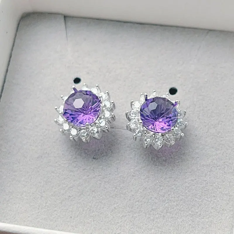 

Sterling Silver Gemstone Stud Earrings 8mm Natural Firework Amethyst Earrings 925 Silver Amethyst Jewelry with 18K Gold Plating