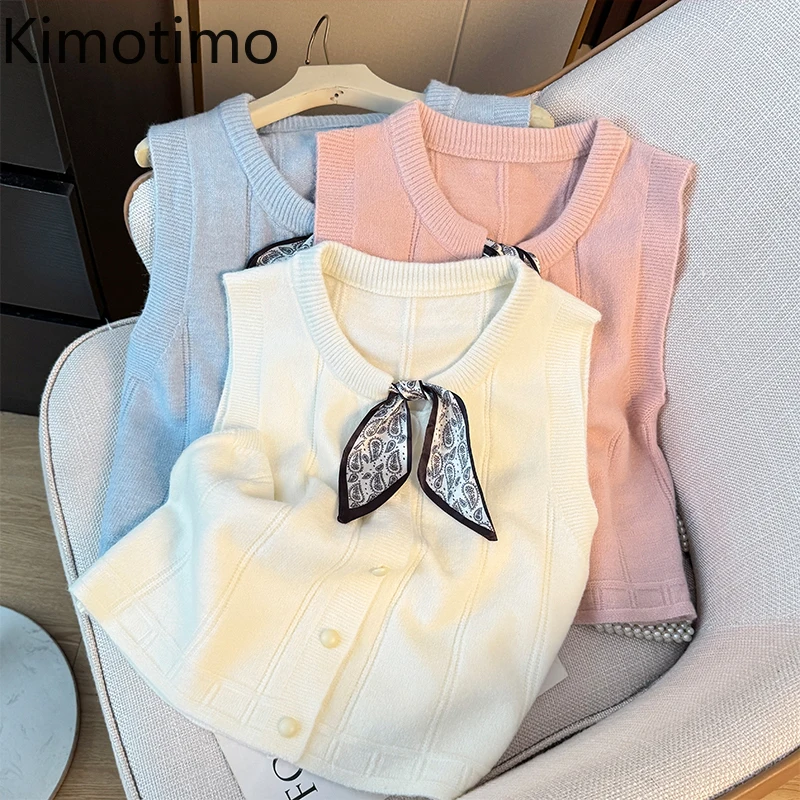 

Kimotimo, милый вязаный жилет на шнуровке, женский осенний кардиган без рукавов с круглым вырезом, укороченный топ, простой однотонный перекрывающийся Y2k Sueter