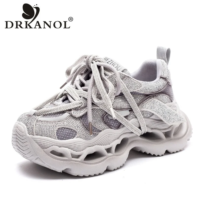 

Модные женские кроссовки DRKANOL в стиле Dad Shoes, весна-лето, с сетчатым верхом, на шнуровке, на толстой подошве, на массивной платформе, со сверкающими стразами, повседневные кеды