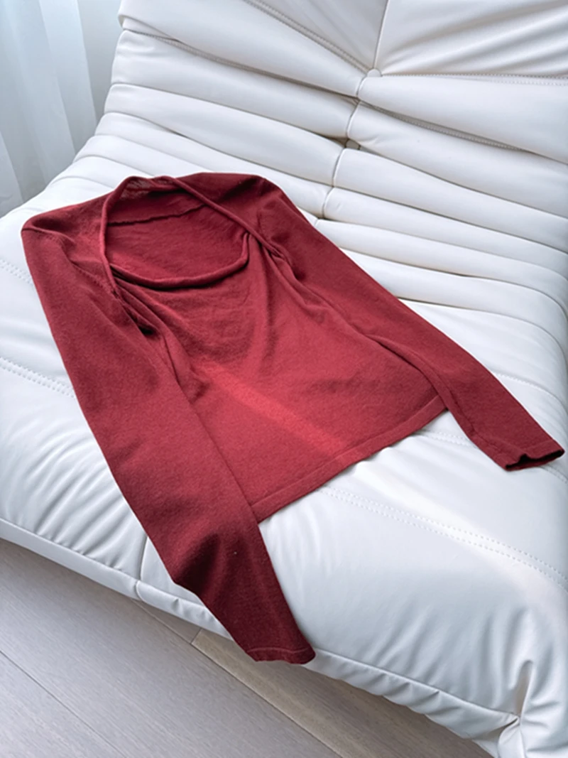 

Retro Red Woolen Knitted Long Sve Ballet Slim Fit Top Sexy See tough New Year's Faionable Women's Camere Blend Base ...