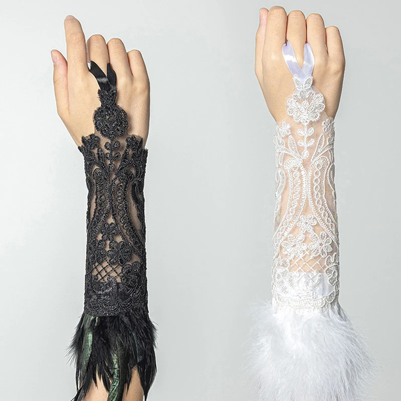 Guantes largos sin dedos de plumas de encaje para mujer, pulsera de malla gótica, puños de boda, accesorios de fiesta de Halloween