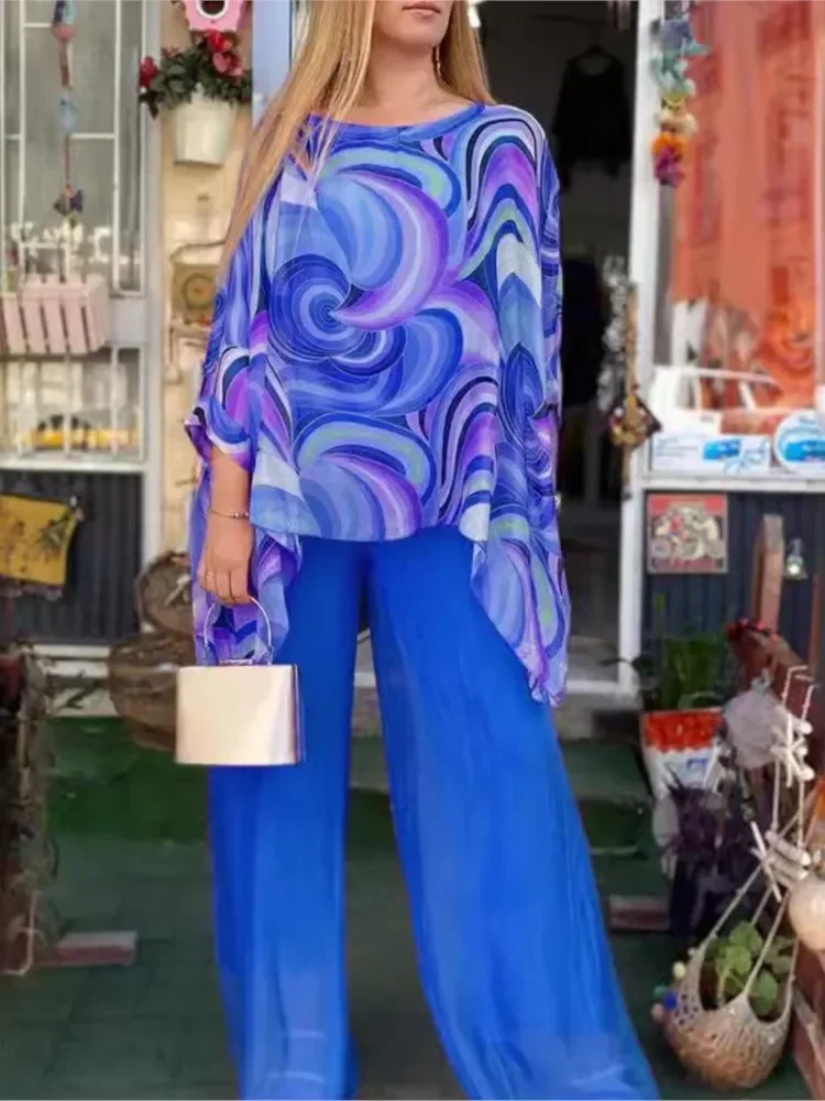 

Spring Autumn New 7 Minute Sleeve Chiffon Blouse For Women's Suit Fashion Loose Simple Elegant Female Wide Leg Pants 2 Piece Set