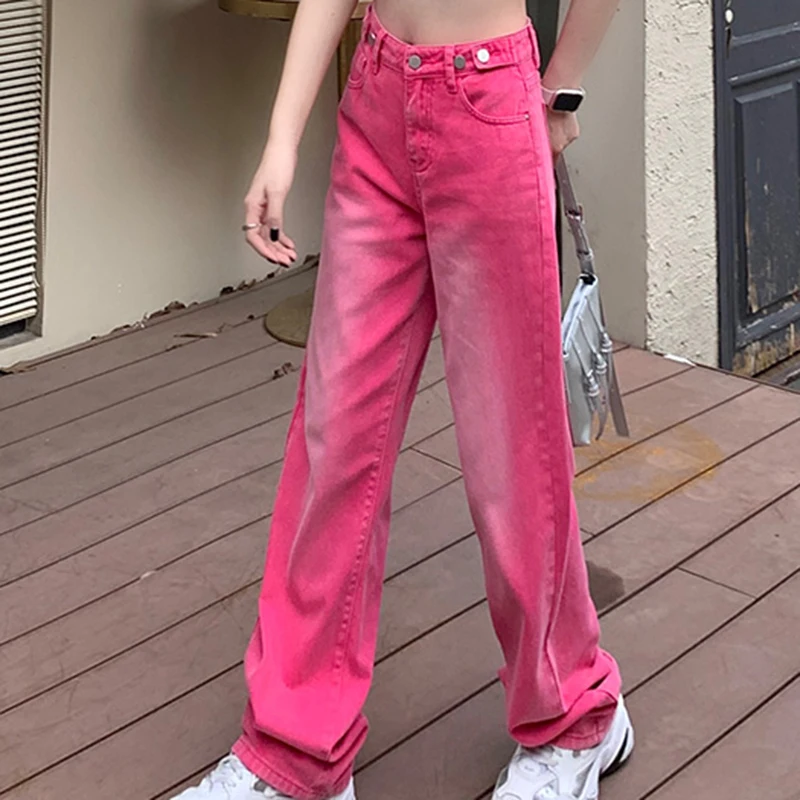 

Adjustable Waist Denim Jeans Ladies Wide Leg Mop Pants American Retro Waist High Quality Rose Pink Party Sexy Trousers Ladies