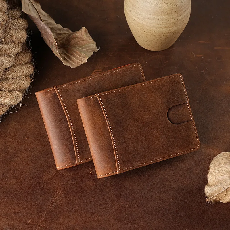 Men's Vintage Crazy Horse Leather Wallet Rfid Blocking Short Bifold Genuine Full Grain Cowhide Anti-Theft Card Holder Purse