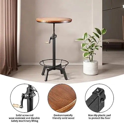 33.5-39.4' Adjustable Industrial Bar Table, 23.7' Round Wood Top, Metal Base