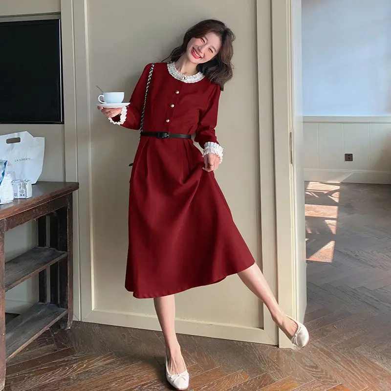 European and American Autumn Winter Solid Color Casual Dress Women Verssatile Bodycon Waist Cinching Single Breasted Skirt C322
